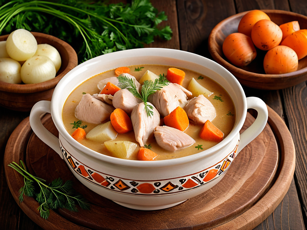 Нежное куриное рагу с репой, морковью и помидорами