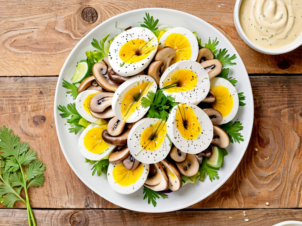 Салат с грибами, сыром и яйцом — сытный и простой