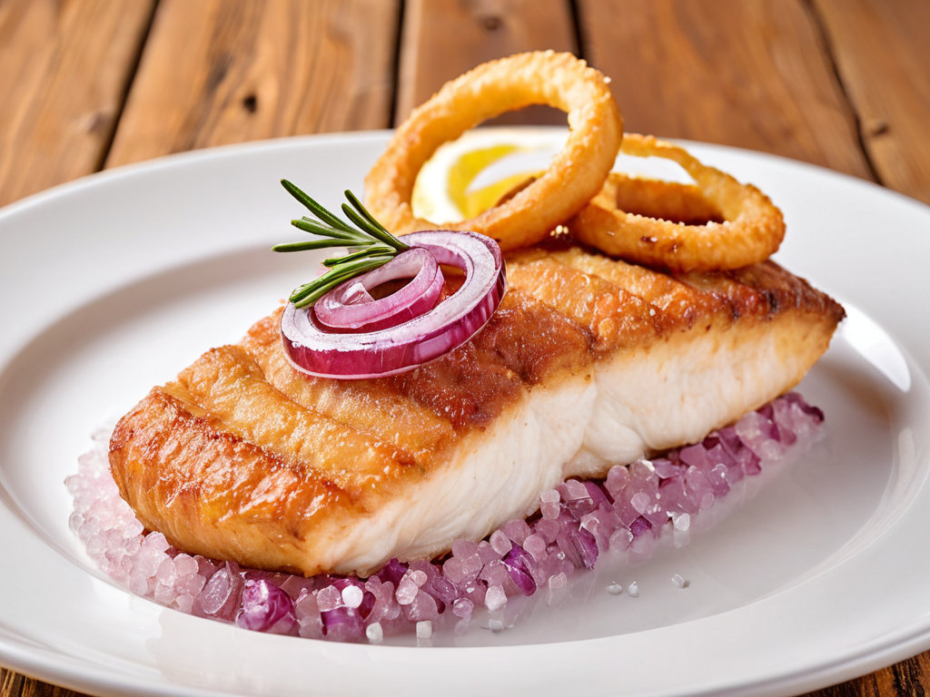Запечённый морской окунь с красным луком и розмарином