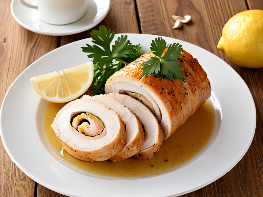 Сочный рулет из бедра индейки с чесноком и перцем