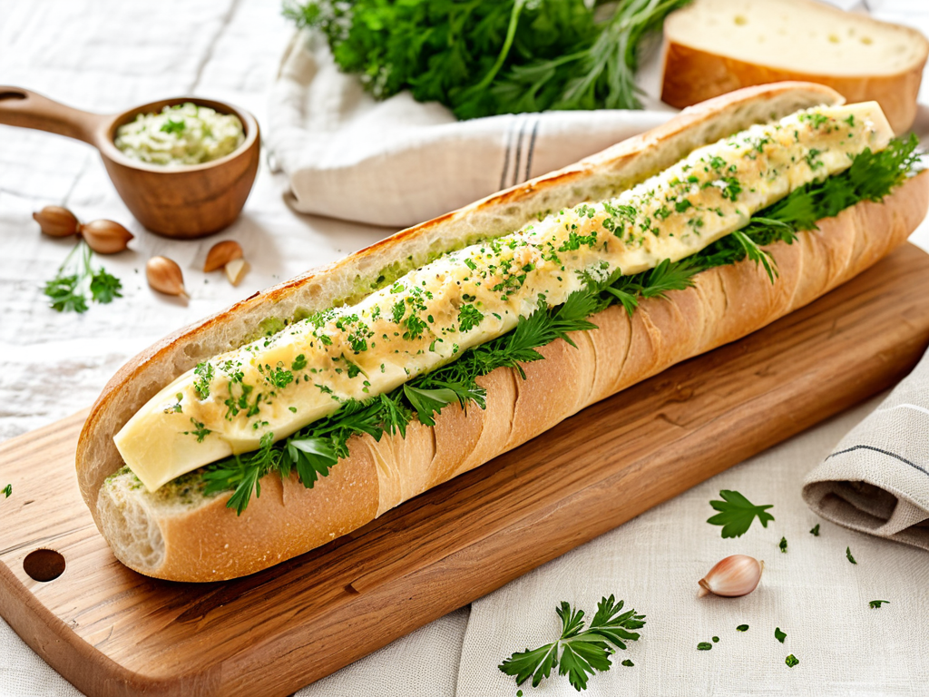Хрустящий багет с сыром, чесноком и зеленью
