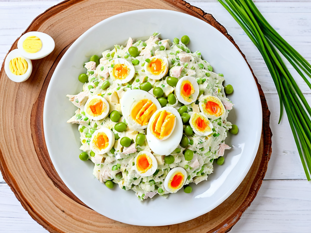 Куриный салат с солеными огурцами и горошком