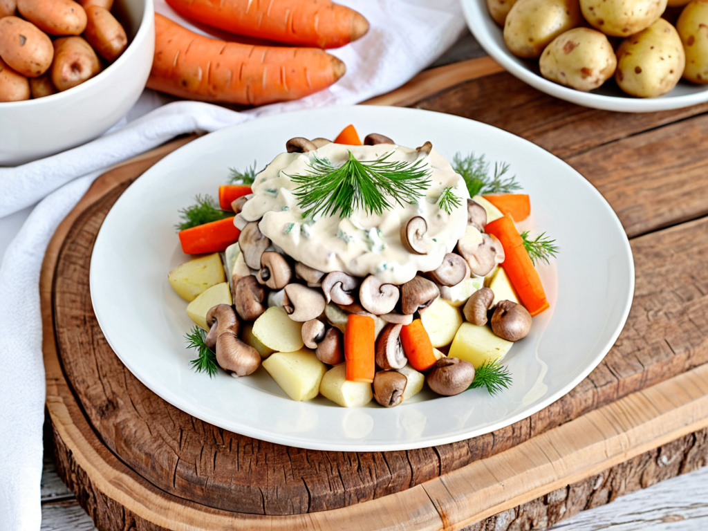Салат Белые ночи с маринованными грибами и мясом
