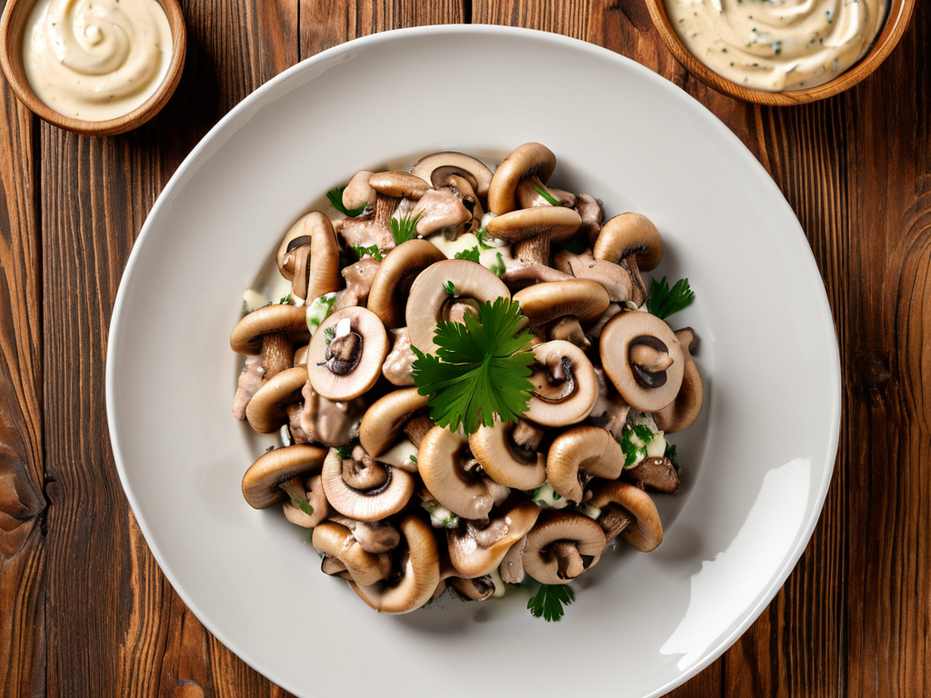 Салат «Грибная поляна» с маринованными шампиньонами и копченой курицей