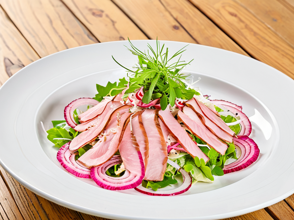 Салат с копченой курицей, пекинской капустой и маринованным луком